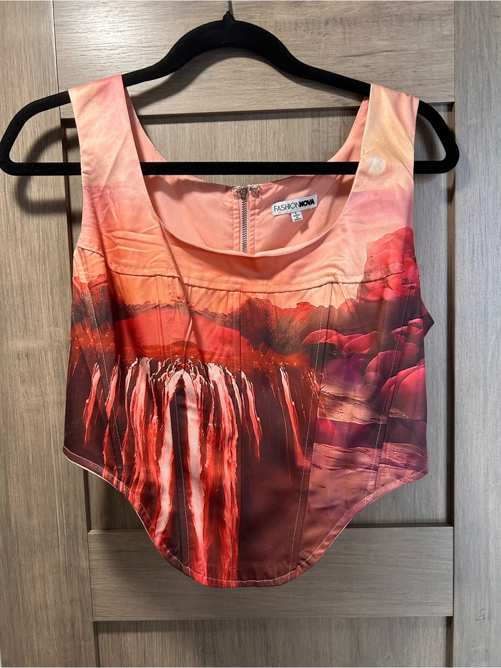 Fashion Nova Pink and Red Waterfall Print Crop Camisole